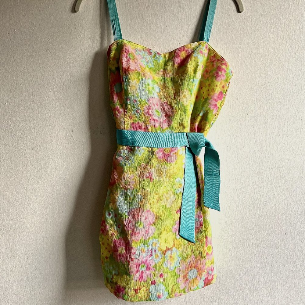 Adorable floral GaBar designer VINTAGE 1960s bathing suit with skirt